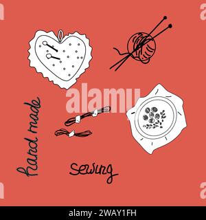 Set di cucire cuore e scritta fatti a mano, cucito, maglia. Illustrazione vettoriale su sfondo rosso. Sfondo del concetto di lavorazione a maglia e ricci fatti a mano. Illustrazione Vettoriale