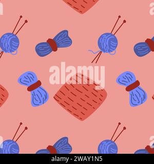 oggetti per maglieria in filato di lana ed elementi in tessuto per maglieria. Illustrazione vettoriale su sfondo rosso. Illustrazione Vettoriale