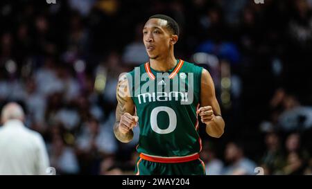 Winston-Salem, NC, USA. 6 gennaio 2024. La guardia degli Hurricanes di Miami (FL) Matthew Cleveland (0) nella partita di pallacanestro dell'ACC contro la Wake Forest al LJVM Coliseum di Winston-Salem, NC. (Scott Kinser/CSM). Credito: csm/Alamy Live News Foto Stock