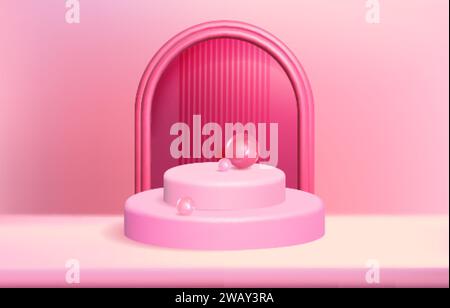 Realistico podio con piedistallo a cilindro 3d rosa con sfere sferiche e arco. Design astratto della piattaforma della sala studio. Vetrina sul palco, scena minima per la mostra dei prodotti, esposizione promozionale. Illustrazione vettoriale. Illustrazione Vettoriale