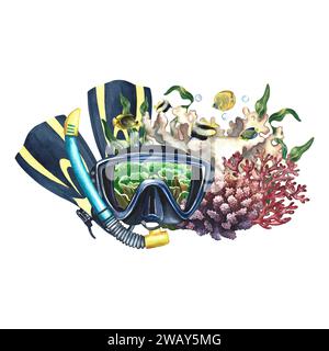 Attrezzatura per immersioni. Maschera subacquea con pinne, coralli e pesci marini. Dipinto a mano con acquerelli. Gita subacquea. Per la progettazione di etichette, schede e banne Foto Stock