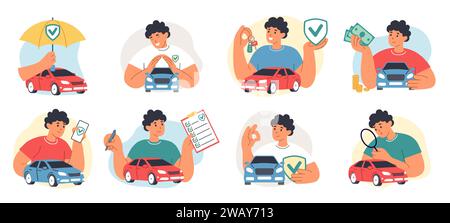 Noleggio auto. Assistenza automatica Care. Documento assicurativo. Sicurezza per i conducenti. Chiave del veicolo. Costi dell'automobile. Incidente durante il trasporto o reclamo alla polizza. Ombrello di protezione. Acquisto berlina. Set di icone piatte vettoriali Illustrazione Vettoriale