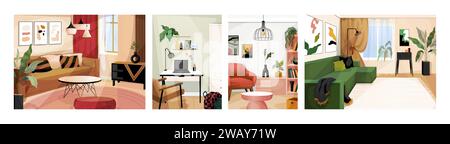 Interno della camera. Mobili per la casa. Finestre della casa con tende. Comodo divano e poltrona. Decorazioni moderne scandinave. Piante in vasi da fiore. Libreria in legno. Foto al muro. Lampada. Design piatto vettoriale Illustrazione Vettoriale