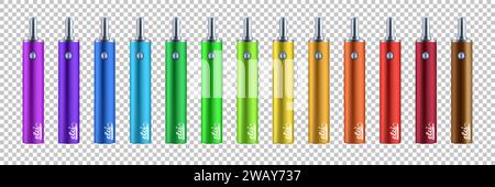 Sapori di Vape. Design elettronico per sigarette. Dipendenza da nicotina. Accessorio per fumatori alternativo. Vaporizzatori di colore diverso. Penna a narghilè analogica o cialda elettrica per fumo di tabacco. Set di vettori per sigarette elettroniche Illustrazione Vettoriale