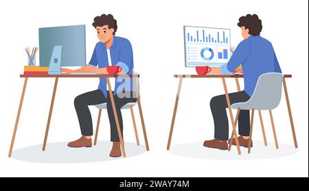 Uomo che lavora in ufficio. Lavoratore a tavola. Computer portatile sulla scrivania. Persona nella vista anteriore o posteriore. Il carattere degli uomini d'affari. Persone sedute sulla sedia. Computer sul desktop. Il posto di lavoro dei manager. Illustrazione vettoriale Illustrazione Vettoriale