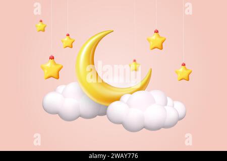 Luna 3D. Notte di sonno. Crescent e soffici nuvole. Stelle gialle appese. Il sogno del piccolo zzz. Previsioni del tempo. Relax per la notte. Paradiso della plastica. Rendering orizzontale. Elementi spaziali. Icone dei cartoni animati vettoriali Illustrazione Vettoriale