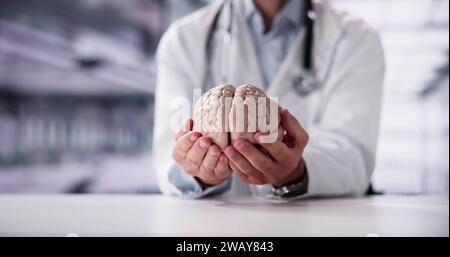 Close-up di un medico che la mano che tiene il cervello umano modello Foto Stock