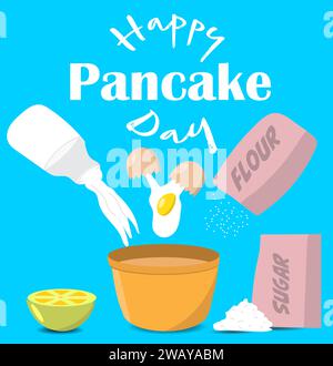 Happy Pancake Day con ingredienti aggiunti a una ciotola. Preparare i pancake Illustrazione Vettoriale