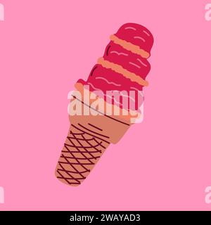 gelato rosso in cono cialde - disegno disegnato a mano da un cartone animato. Illustrazione vettoriale su sfondo rosa Illustrazione Vettoriale
