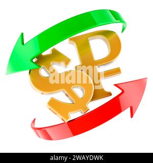 Dollar and Ruble, concetto di scambio, rendering 3D isolato su sfondo bianco Foto Stock