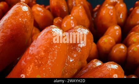 Villi intestinali, microvilli rossi in un tratto intestinale. Primo piano, Microbiologia, anatomia, biologia, scienza, concetti di medicina, medicina e assistenza sanitaria Foto Stock