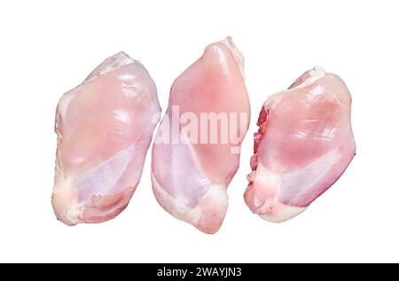 Filetto di coscia di pollo crudo disossato. Isolato su sfondo bianco, vista dall'alto Foto Stock