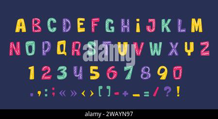 Alfabeto infantile in stile tribale. Lettere, numeri e segni di Doodle. Abc decorativo astratto per bambini, decorazioni o stampe per stanza dei giochi, vettoriale neoterico Illustrazione Vettoriale