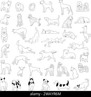 Doodle Dog. Happy Domestic Animals illustrazioni cani lineari recente set di immagini vettoriali disegnate a mano Illustrazione Vettoriale