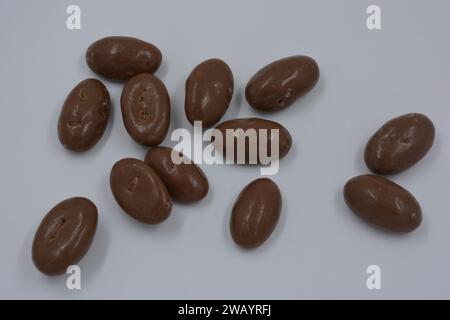 Cioccolatini, arachidi, noci, uva passa ricoperta di glassa al cioccolato, ciottoli di cioccolato disposti su sfondo bianco. Foto Stock