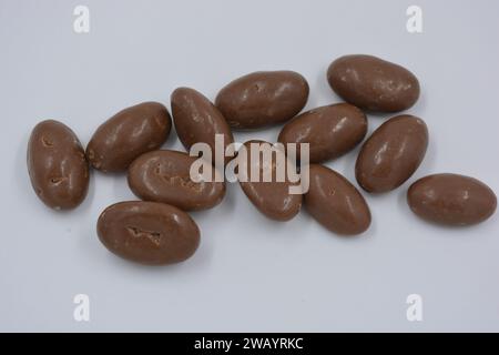 Cioccolatini, arachidi, noci, uva passa ricoperta di glassa al cioccolato, ciottoli di cioccolato disposti su sfondo bianco. Foto Stock