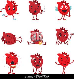 Simpatici personaggi del cuore. Rossi sani cuori malsani, correre, fumare e bere, ballare e innamorarsi. Set vettoriale di classe di organi umani di cartoni animati isolati Illustrazione Vettoriale