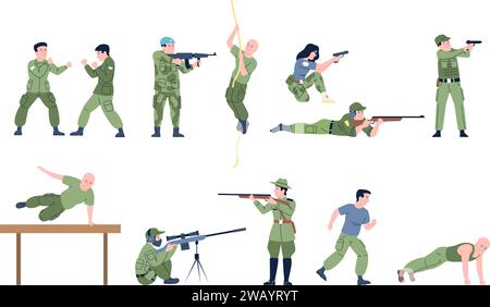 Personaggi di addestramento militare. Soldati che sparano, corrono e fanno esercizi. Professionisti dell'esercito maschile e femminile, personaggi vettoriali recenti Illustrazione Vettoriale