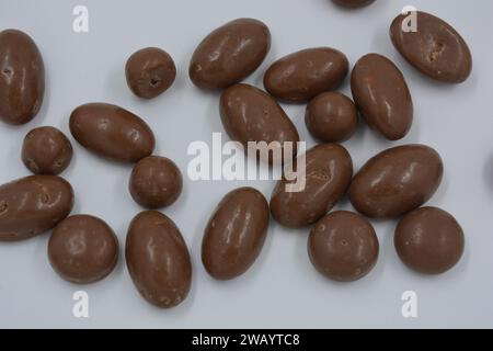 Cioccolatini, arachidi, noci, uva passa ricoperta di glassa al cioccolato, ciottoli di cioccolato disposti su sfondo bianco. Foto Stock