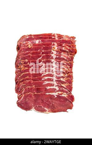 Carne di manzo Pastrami con pancetta turca. Isolato su sfondo bianco, vista dall'alto Foto Stock