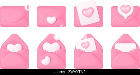 busta love 3d. Spedire buste inviti di nozze o lettere d'amore a san valentino, inviare messaggio messaggio messaggio messaggio messaggio messaggio messaggio disegno emoji saluto aprire e-mail, rendere illustrazione vettoriale di posta san valentino 3 Illustrazione Vettoriale