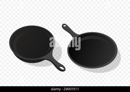 Set di icone Vector Flat Black Frying Pan isolato. Vista frontale, superiore Illustrazione Vettoriale