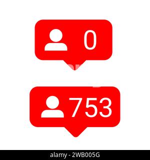 Notifica relativa al nuovo follower. Essere popolare o impopolare sui social media. Convalida, fama, popolarità rispetto all'essere soli e trascurati perdenti e fuori Foto Stock