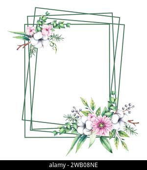 Corona di acquerelli con fiori di gigli, gerbera, eucalipto su sfondo bianco isolato. Telaio disegnato a mano. Cornice nuziale per stampa, textil Foto Stock