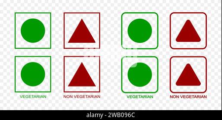 Icone vegetariane e non vegetariane. Etichette per alimenti vegani. Cerchio verde e triangoli rossi in quadrati isolati su sfondo trasparente. Illustrazione vettoriale piatta. Illustrazione Vettoriale