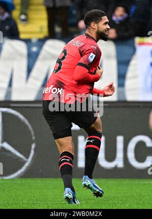 Empoli, Italia. 7 gennaio 2024. Ruben Loftus-Cheek del Milan festeggia il suo gol durante la partita di serie A tra l'AC Milan e l'Empoli a Empoli, Italia, 7 gennaio 2024. Credito: Augusto Casasoli/Xinhua/Alamy Live News Foto Stock