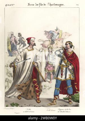 Nobiluomo e cortigiano che disegnano spade, regno di re Carlo II il Calvo, Francia, IX secolo. Con donne nobili, contadine, principe e nobile armato a cavallo. Dame Noble, Paysan, Noble en habit ordinaire, Prince, Noble arme, Seigneur de la cour de Charles le Chauve. Sous les fils de Charlemagne, 9e Siecle. Litografia colorata a mano di Godard dopo un'illustrazione di Charles Auguste Herbé dai suoi costumi Francais, Civils, Militaires et Religieux, Costumi francesi, Civil, militare e religioso, Maison Martinet, Parigi, 1837. Foto Stock