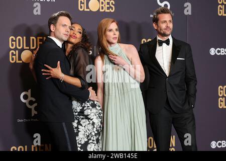 Beverly Hills, Stati Uniti. 7 gennaio 2024. Patrick J. Adams, Gina Torres, Sarah Rafferty e Gabriel Macht. Al 81° Golden Globe Awards tenutosi al Beverly Hilton Hotel il 7 gennaio 2024 a Beverly Hills, California. Crediti: PMC/Alamy Live News Foto Stock