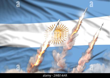 Lancio di testate balistiche argentine - moderno concetto strategico di armi nucleari su sfondo tessuto bandiera, illustrazione militare 3D industriale wi Foto Stock