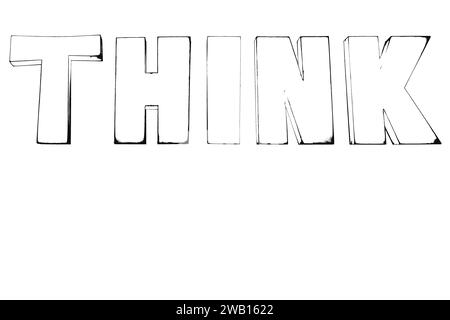 Word THINK big black letters white background isolated closeup, think outside box concept, think different, creative idea design Foto Stock