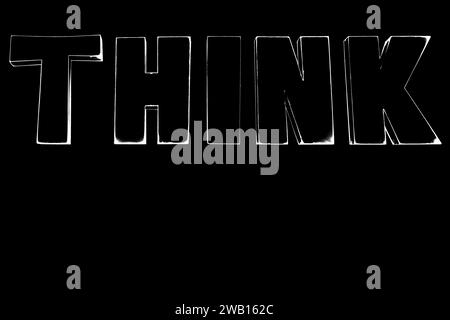 Word THINK big white letters black background isolato primo piano, think outside box concept, think different, creative idea design Foto Stock