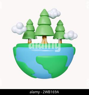 Globo 3d con piantine. Concetto di icona Earth Day Save World Environment. icona isolata su sfondo bianco. illustrazione del rendering 3d. Tracciato di ritaglio. Foto Stock