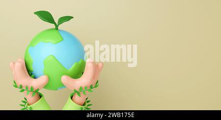 mano 3d che regge un pianeta terra isolato su sfondo giallo. Sostenere il concetto di terra. Salvare la Terra. Concetto di ambiente. illustrazione del rendering 3d. Foto Stock
