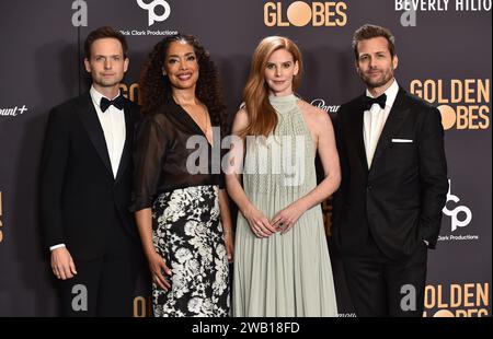 Beverly Hills, USA. 7 gennaio 2024. Patrick J. Adams, Gina Torres, Sarah Rafferty, Gabriel Macht nella sala stampa del 81° Golden Globe Awards tenutosi al Beverly Hilton Hotel il 7 gennaio 2024 a Beverly Hills, CALIFORNIA. © OConnor-Arroyo/AFF-USA.com credito: AFF/Alamy Live News Foto Stock