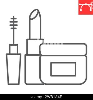 Icona della linea cosmetica, negozio di alimentari e trucco, icona vettoriale di mascara e rossetto, grafica vettoriale, segno di contorno del tratto modificabile, eps 10. Illustrazione Vettoriale