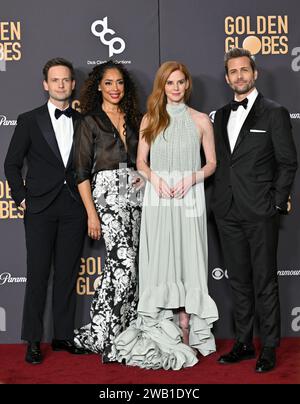 Beverly Hills, Stati Uniti. 7 gennaio 2024. (L-R) Patrick J. Adams, Gina Torres, Sarah Rafferty e Gabriel Macht si esibiscono dietro le quinte durante il 81° Golden Globe Awards al Beverly Hilton di Beverly Hills, California domenica 7 gennaio 2024. Foto di Chris Chew/UPI credito: UPI/Alamy Live News Foto Stock