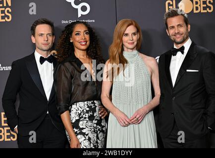 Beverly Hills, Stati Uniti. 7 gennaio 2024. (L-R) Patrick J. Adams, Gina Torres, Sarah Rafferty e Gabriel Macht si esibiscono dietro le quinte durante il 81° Golden Globe Awards al Beverly Hilton di Beverly Hills, California domenica 7 gennaio 2024. Foto di Chris Chew/UPI credito: UPI/Alamy Live News Foto Stock