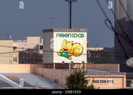 Insegna Green Co-op Supermarket che vende alimenti di qualità Foto Stock