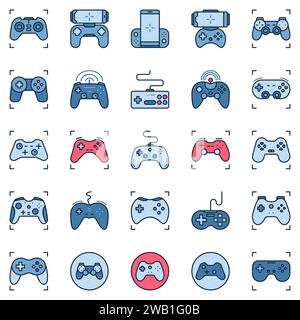 Set di icone colorate del gamepad. Controller per videogiochi o Controlling Device Signs Collection Illustrazione Vettoriale