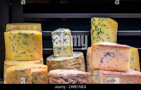 Selezione di formaggi blu gourmet presso un negozio artigianale di formaggi nel quartiere di Carre d o storico di Strasburgo, Alsazia, Francia Foto Stock