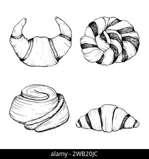 Set illustrativo in bianco e nero vettoriale di pasticceria fresca con croissant, panino alla cannella e pane intrecciato Illustrazione Vettoriale