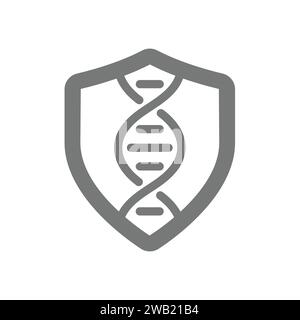 Icona DNA e vettore di scudo. Protezione del genoma, ingegneria genetica e simbolo della biotecnologia. Illustrazione Vettoriale