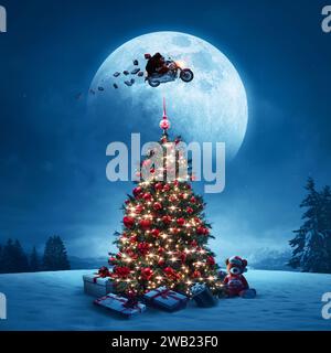 Albero decorato e Babbo Natale contemporaneo che vola nel cielo in moto, sfondo natalizio Foto Stock