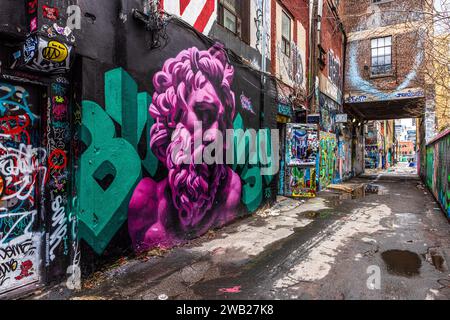 Graffiti Alley, noto anche come Rush Lane, è una gemma nascosta nel quartiere della moda di Toronto. E' un vicolo stretto fiancheggiato da murales colorati e strade Foto Stock