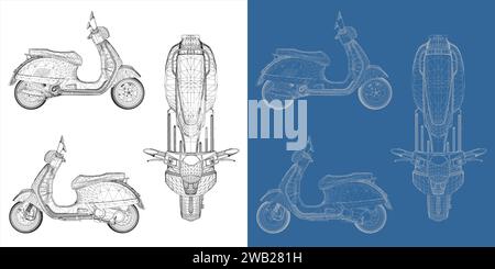 Vista dall'alto retro Classic Motorcycle Scooter illustrazione vettoriale dettagliata dettagliata colore bianco isolato Illustrazione Vettoriale