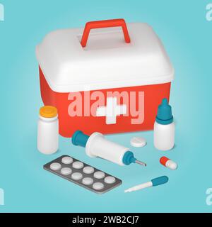 Kit di pronto soccorso e apparecchiature mediche, pillole, siringa, pipetta. Illustrazione vettoriale 3D. Illustrazione Vettoriale